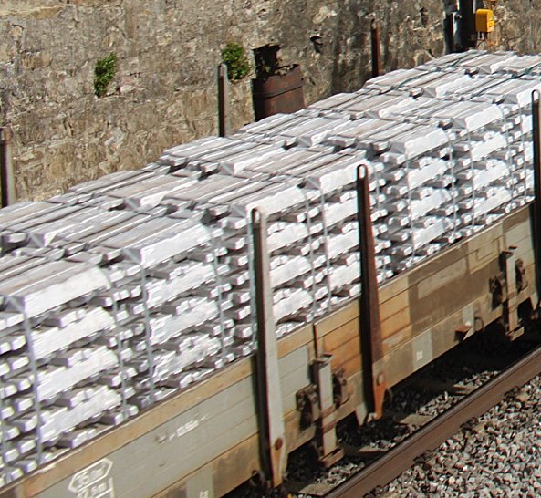 Lingots d'aluminium empilés sur des wagons plats : la matière première de l'exercice, dont le prix suit le cours mondial du métal.